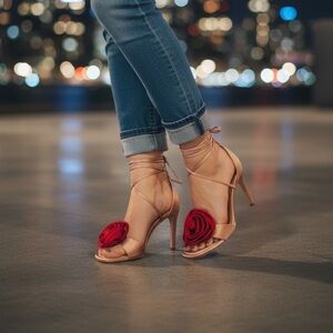 Badgley Mischka Pink Heels with Red Floral Detail